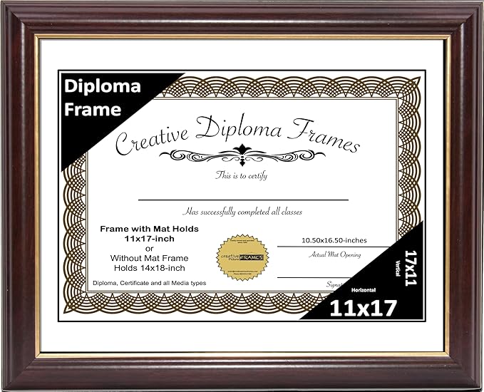 Creative Picture Frames 11x17 Mahogany Gold Rim Diploma Frame with White Mat Glass and Installed Wall Hangers | Frame Holds 14x18 Media without Mat