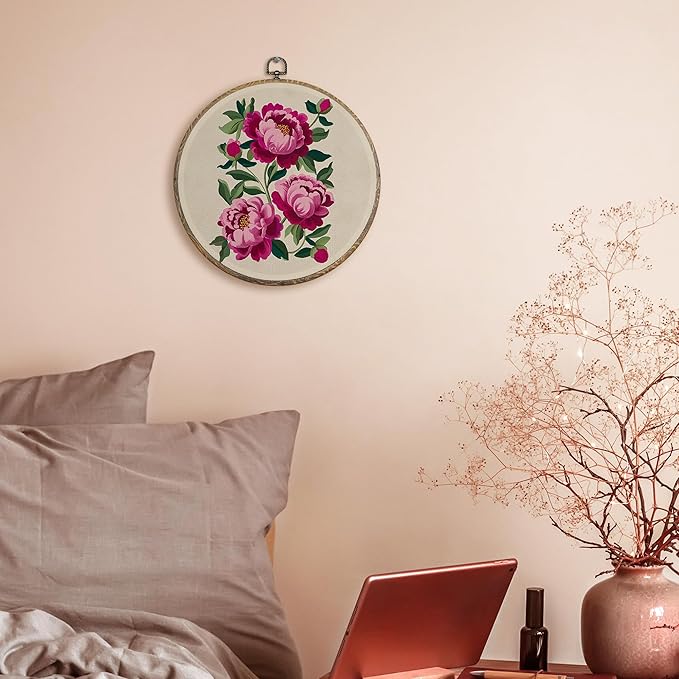 FUGWN Vintage Pink Peony Round Wall Art Decor Framed, Cottagecore Floral Canvas Artwork Prints, Retro Abstract Flower Botanical Wall Hanging Decorations for Home Bedroom Living Room, 10x10 Inch