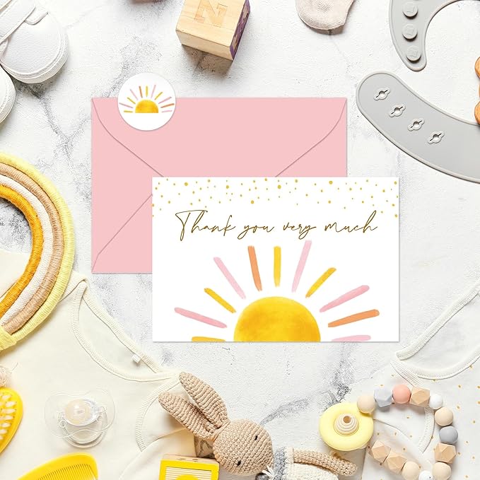 Whaline 30 Packs Baby Shower Thank You Cards Greeting Card Pink Boho Sun Sunshine Blank Note Cards with Envelopes and Stickers for Birthday Holiday Baby Shower, 4 x 6 Inch