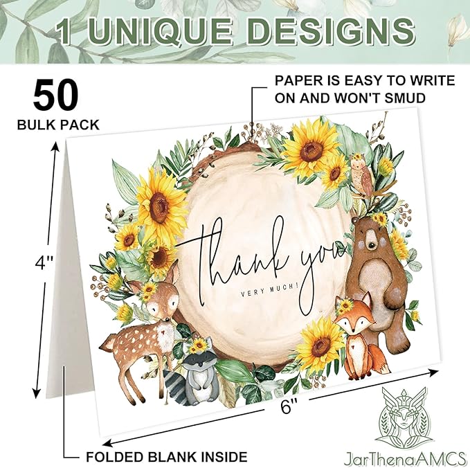 JarThenaAMCS 50 Pack Woodland Sunflower Thank You Cards Greenery Forest Animal Greeting Cards with Envelopes Stickers Blank Note Card for Birthday Baby Shower, 4 x 6 Inch