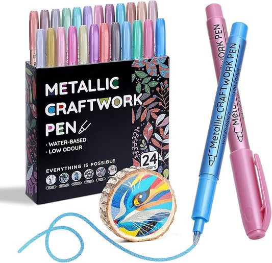 24 Colors Metallic Paint Markers, Acrylic Paint Pens for Rock Painting, Glass, Wood, Fabric, Black Paper, Cards, Scrapbook,DIY Art Crafts (1mm)