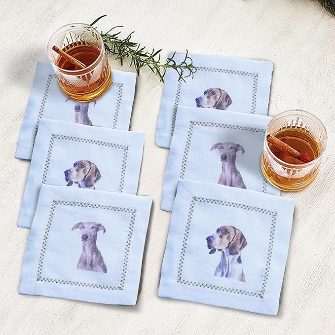 Cocktail Napkins Set of 6, 6x6 inch, 100% Linen, Printed Animal Pattern, Reusable & Washable Cloth Coasters for Beverages, Hosting, Gifting & Everyday Use (Dog)