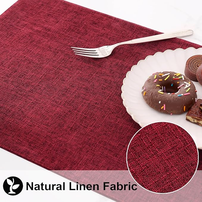 homing Cotton Linen Placemats Set of 8, Cloth Washable Farmhouse Dining Table Mats for Indoors & Outdoors, Easy to Clean, Red, 13 x 19 Inch