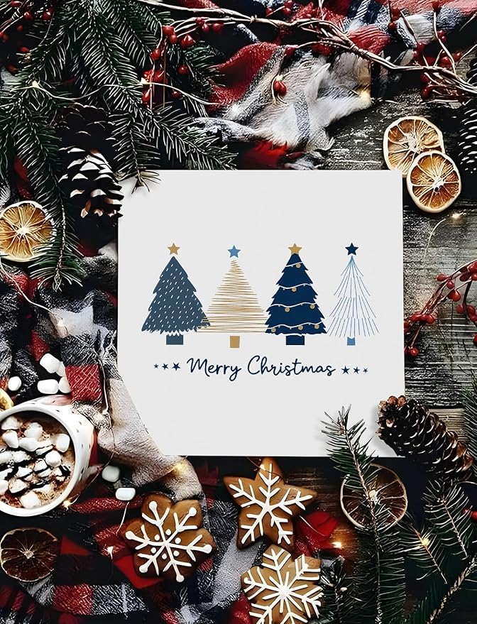 Navy Blue and Gold Christmas Tree Wooden Box Sign, Preppy Christmas Desk Decor, Merry Xmas Tree Winter Holiday Wood Signs for Home Office Desk Shelf Tabletop Decor, 5x5 Inch Decorative Signage