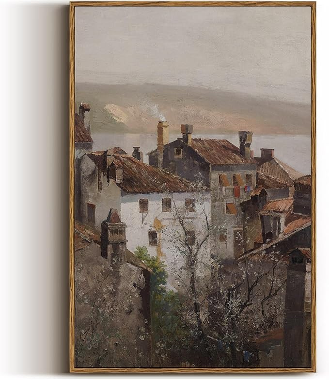 VIYYIEA Vintage Framed Canvas Wall Art, European Towns Landscapes Art, Living Room Hallway Bedroom Library Rustic Retro Neutral Decor, Antique Country Town Picture Paintings,16x24 Inch