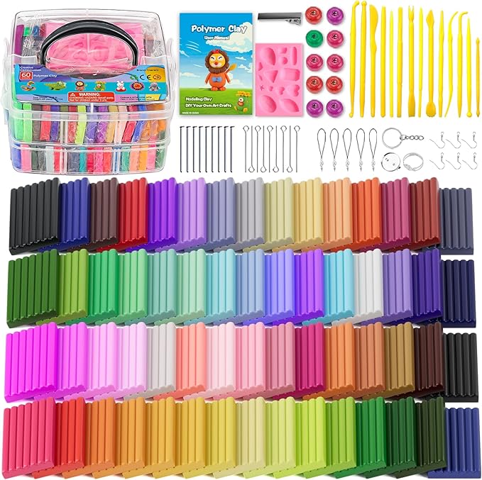 Polymer Clay 60 Colors, CiaraQ Modeling Clay for Kids, Oven Bake Clay with Sculpting Tools, Ideal for Sculpture, Crafting, DIY Projects