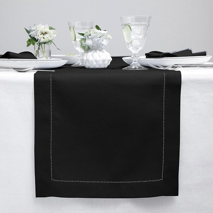 Solino Home Linen Black Table Runner 120 Inches Long - 100% Pure Linen 14 x 120 Inch Table Runner for Spring, Easter - Classic Hemstitch
