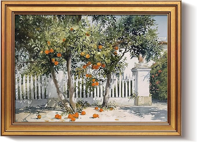 Bzstyleart Vintage Wall Art Decor for Living Room,Gold Framed Canvas Wall Art Home Decor Aesthetic,Orange Courtyard Prints,Canvas Picture Print Artwork,12 x 16 Inch