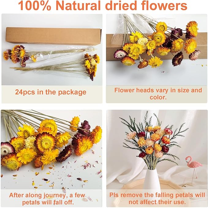 24 Pcs Natural Dried Straw Flowers Daisy, Orange Dried Flowers Arrangements for Vase, Home Office Wedding Table Centerpiece Farmhouse DIY Decor, Yellow