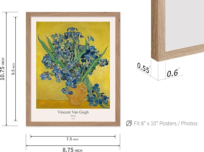 Monem Art Vintage Van Gogh Poster - Retro Irises Print - Flowers in Vase Art - Impressionism Art - Floral Art - Fine Art - Classic Painting Art - Living Room Wall Decor - 8x10 Beige Framed