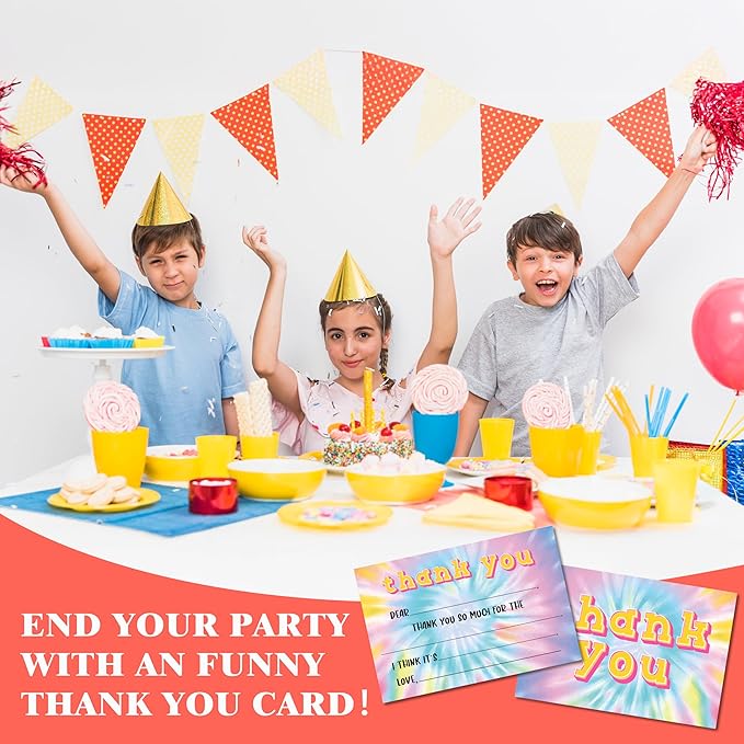 Tie Dye Kids Thank You Cards, Colorful Thank You Card For Baby Shower Birthday Party, Kids Birthday Cards Fill In The Blank, 20 Pack Cute Greeting Cards With Envelopes For Boys And Girls, 011