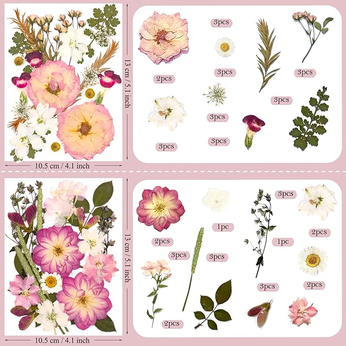 92 Pcs Pink Pressed Dried Flowers for Resin, Real Natural Bulk Dry Wildflowers Leaves Perfect for Epoxy Molds, DIY Crafts, Soap Candles Jewelry Making, and Home Decor