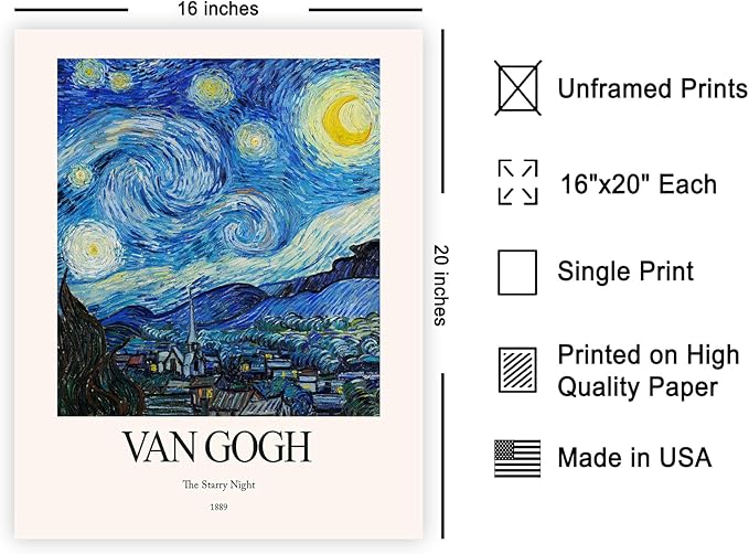 Monem Art Vintage Van Gogh Poster - Retro The Starry Night Print - Impressionism Art - Celestial Art - Gift for Him & Her - Classic Decor for Bedroom, Living Room or Dorm - 16x20 UNFRAMED Wall Art