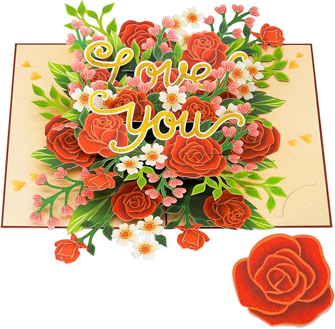 Floral Red Roses Pop Up Card, Love You, Elegant 3D Greeting Cards, Gifts for Birthday, Mothers Day, Anniversary, Valentines Day, 5x7 - Includes Envelope And Message Note