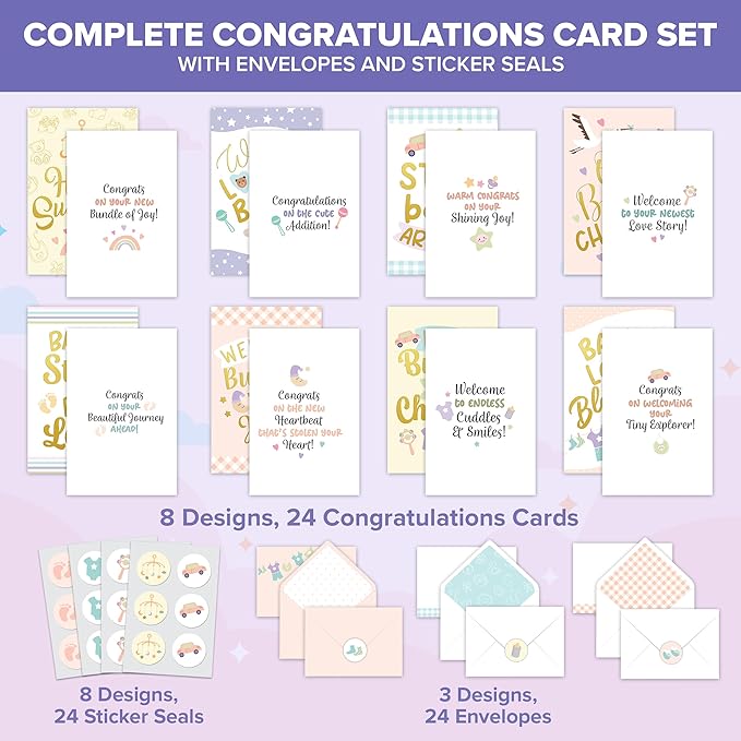 Decorably 24 Pack Gold Foiled 4x6in New Baby Cards Congratulations with Envelopes and Stickers, 8 Adorable Designs Baby Shower Cards Pack with Printed Message Inside