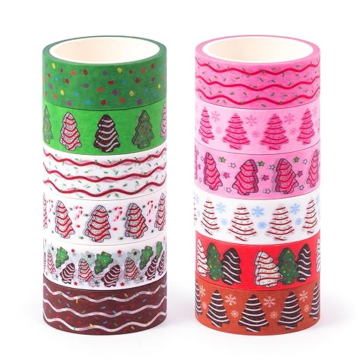 Christmas Tree Washi Tape - Sweet Dessert Theme with Gingerbread Brown Icing Red Festive Green Designs, Acid Free Residue Free Adhesive for Gift Wrapping, Scrapbook, Journal Decor, DIY Crafts