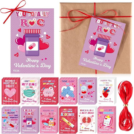 48 Pcs Valentine's Day Medical Cards Nurse Funny Pun Valentines Cards Assortment Gifts Humorous Thank You Card Set with Red Ribbons for Friends Coworker Nurse Doctor Healthcare Workers