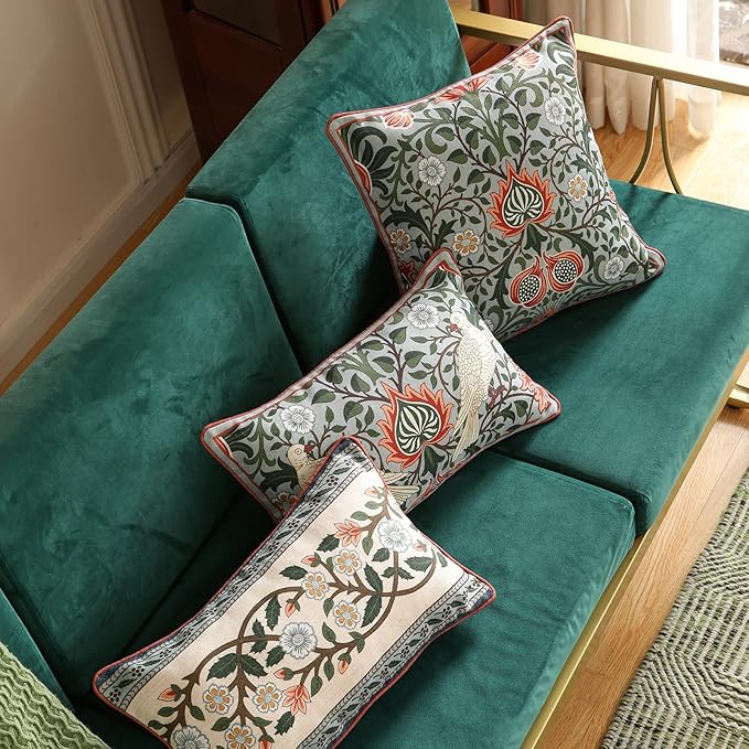 ISAENNE Design Retro Elegant Linen Throw Pillow Covers Set of 4, Blue Gray Floral Pattern Cushion Covers Decor Lumbar Round Square Pillowcases for Bed,Living Room,Outdoor,Car