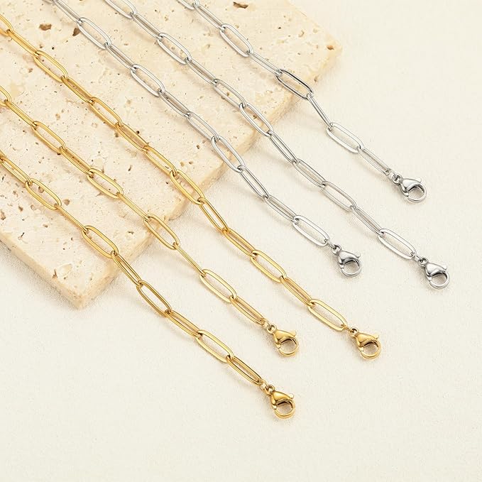 Swyabi 10 PCS Paperclip Chain Necklace Kit 18Inch Stainless Steel Charm Bulk Chains with Extender for DIY Jewelry Making Supplies Accessories (Gold + Steel