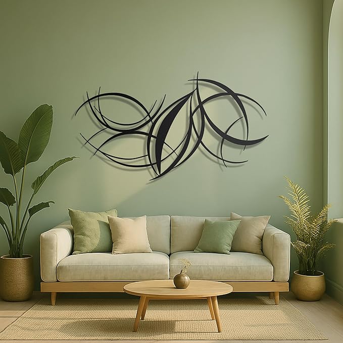 pluviart Modern Abstract Metal Wall Art – Black Curved Lines Sculpture for Living Room, Bedroom or Office – Large 3D Contemporary Home Decor – Minimalist Iron Wall Accent (50”x28”)