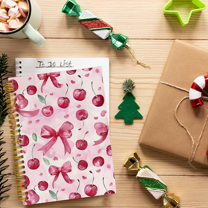 Trendy Coquette Pink Bow Cherry Journaling Notebooks, Preppy Spiral Notebook, Cute Notebook Journal for Girls, Pink Office Supplies, Hardcover Spiral Lined Notebook 5.5 x 8.3