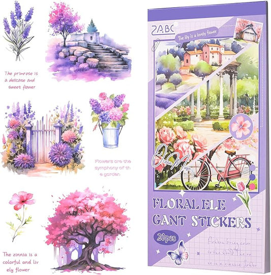 Journaling Sticker Book, 20 Sheets Scrapbook Stickers, Junk Journal Supplies, Pre-Cut Aesthetic PET Materials, Watercolor Scrapbooking for Adults, Decorative Ephemera Bullet Planner Arts Craft