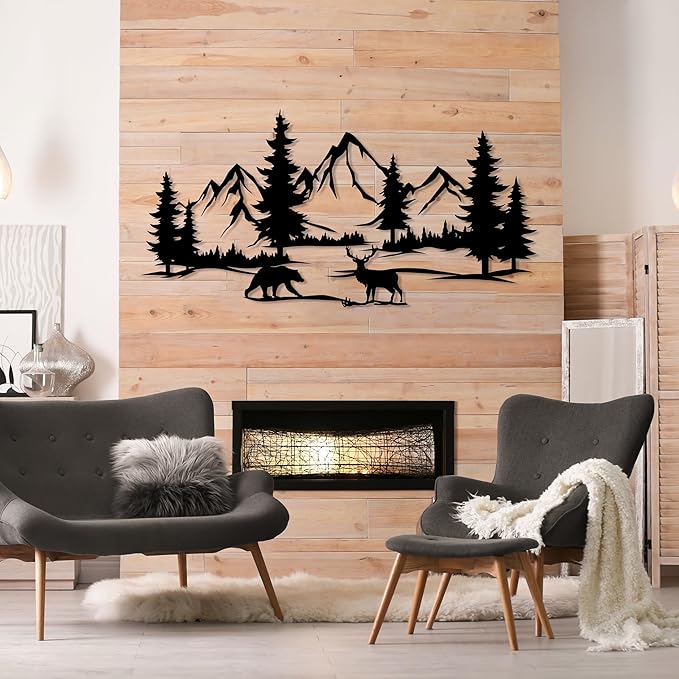 DecoSoul Mountain & Forest Metal Wall Art - Extra Large Farmhouse Wall Decor, Pine Tree & Bear Outdoor Metal Sign, Mountain Range View, Housewarming Gift