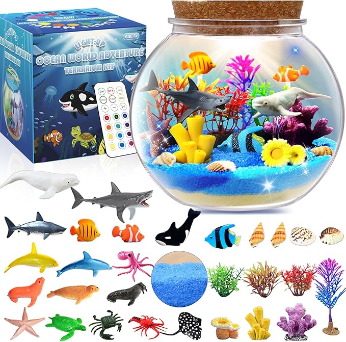 Ocean Light Up Terrarium Kit for Kids - LED Night Light Ocean Birthday Gifts for Girls & Boys Ages 4 5 6 7 8-12, Kids Arts & Crafts Kit,Christmas Gifts