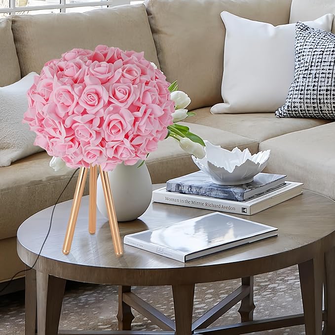 Pink Rose Flower Lamp Cute Table Lamp Flower Desk Lamp Floral Bedside Nighstand Light Atmosphere Girls Princess Lamp with Gold Tripod for Bedroom Wedding Christmas Gift Hotel Living Room