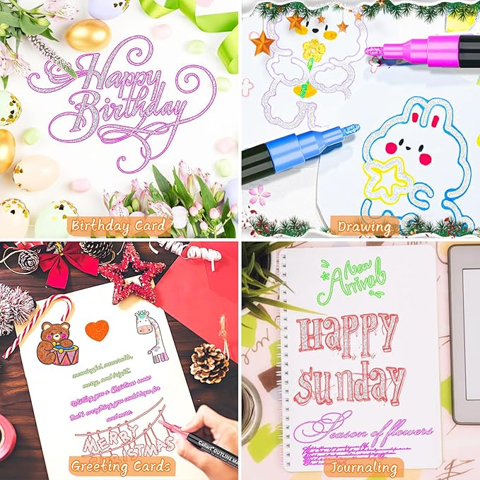 Caliart Stocking Stuffers for Kids Teen Girls, 24 Colors Outline Markers Shimmer Glitter Pens, Christmas Tween Teen Girl Gifts Trendy Stuff, Art Supplies for 6-8-10-12 Year Old Cool Fun Craft Drawing