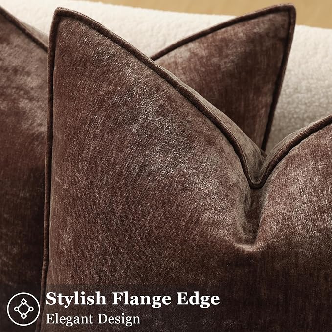 decorUhome Spring Couch Throw Pillow Covers 20x20 Set of 2, Decorative Soft Velvet Neutral Chenille Pillow Covers with Elegant Design for Sofa Bed Living Room Home Decor, Dark Brown