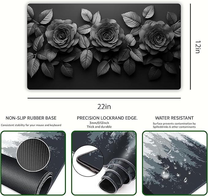 Luxury Black Rose Desk Mat Large Gaming Mouse Pad with Elegant 3D Floral Design and Dark Aesthetic Desk Pad for Office Home Gift for Gamers Artists Minimalist Lovers, 22x12in