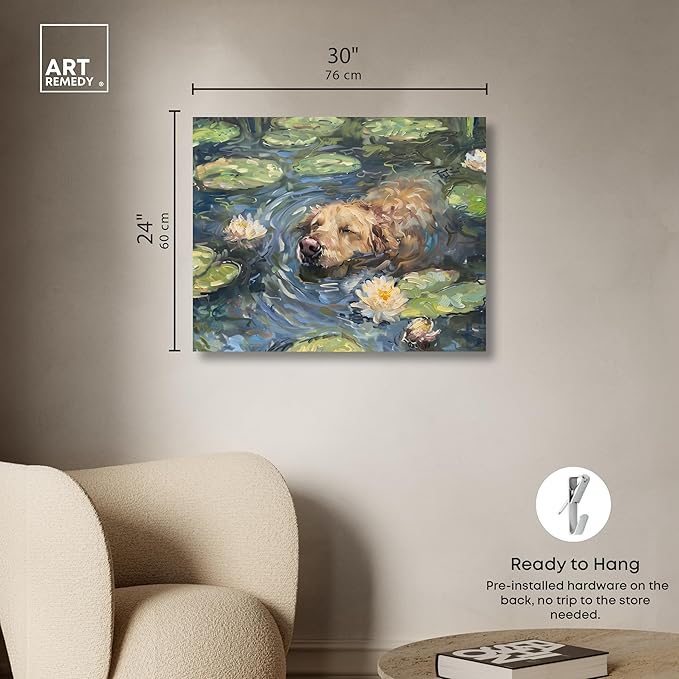 Art Remedy Monet Water Lilies Dog Rustic Chic Farmhouse Canvas Wall Art, Gallery Wrapped, 30"x24"