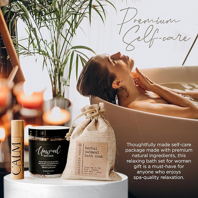 Soulistic Root Revitalizing Bath Set – Wellness Products with Tranquil Essential Oil Roller, Oatmeal Lavender Soak, Epsom Salts with Essential Oils, Ready-to-Gift Premium Box, Ideal Holiday Spa Gift