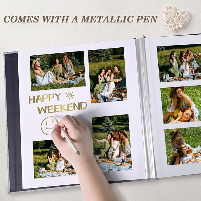 Photo Album Self Adhesive Pages for 4x6 5x7 8x10 Pictures Magnetic Scrapbook Photo Albums with Sticky Pages Books with A Metallic Pen for Baby Wedding Family 13.2x12.8 Purple 60 Pages