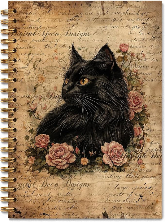 Vintage Moody Black Cat Notebook, Cats Lover Mom Lady Gifts Journal, Cat Office Supplies, Retro Pink Flower Kitten Aesthetic Spiral Journal Notebook, 5.5x8.3 Inch