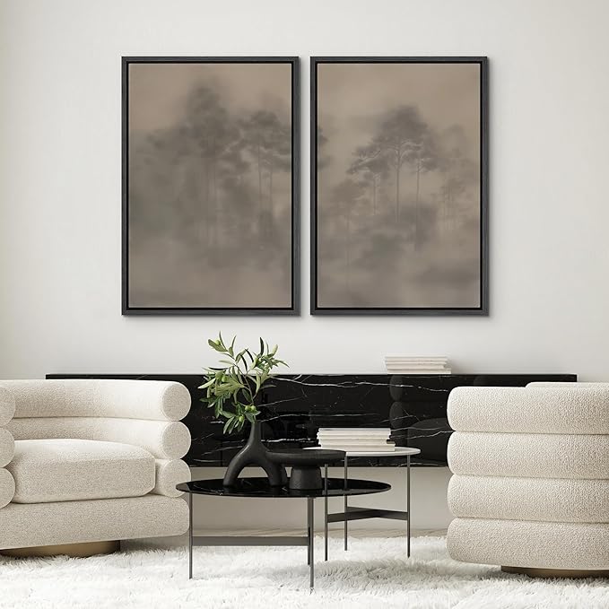 SIGNWIN Framed Canvas Print Wall Art Set Foggy Pine Forest Minimalist Monochrome Nature Illustrations Modern Art Scenic Colorful for Living Room, Bedroom, Office - 24"x36"x2 Black