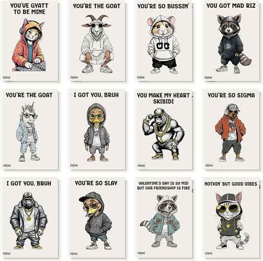 Yinder 24 Set Mini Valentines Day Cards with Envelopes Animal Retro Hip Hop Slang Funny Slang Valentine's Day Cards Assortment for Classroom Office Family Friends Valentines Gifts for Classroom Home