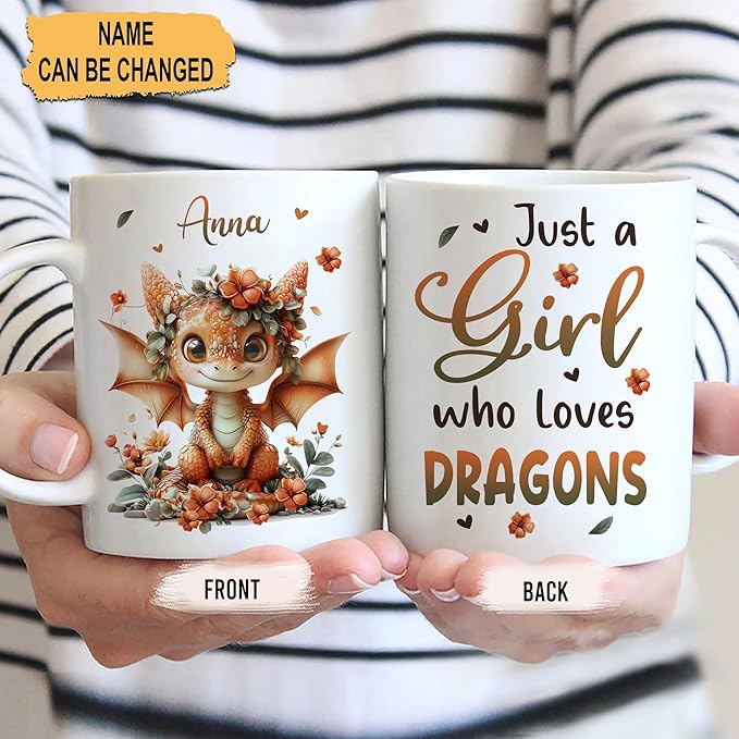 Hyturtle Personalized Dragon Coffee Mug - Custom Cup for Animal Lovers - Just A Girl Who Loves Dragons - Women's Birthday Gift - Ceramic 11oz/15oz