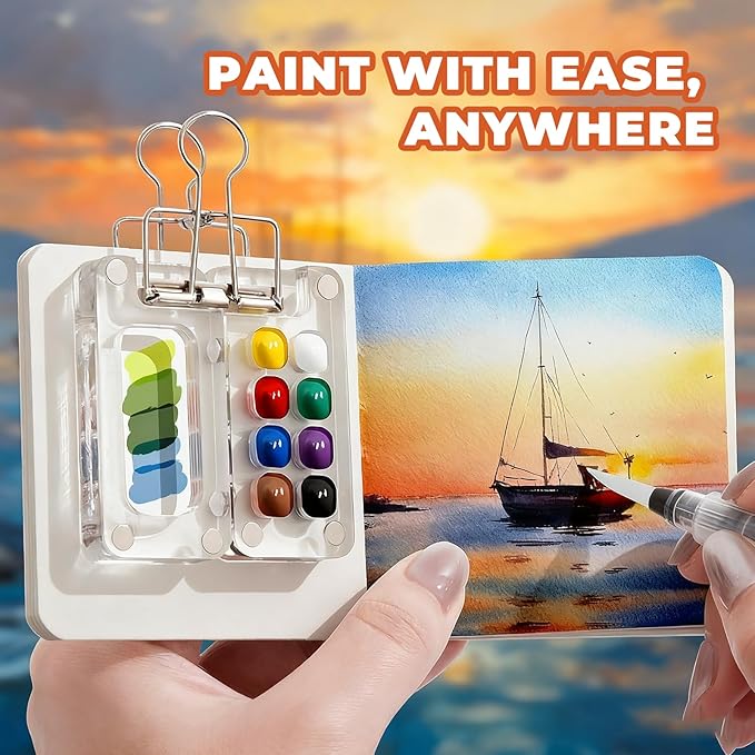 Mini Watercolor Paint Set Portable, Travel Grid Paint Palette Box with Binder Clips Include Paint, Brush*3 and Picture Album Art Materials Coloring Markers (Clear Acrylic-S)