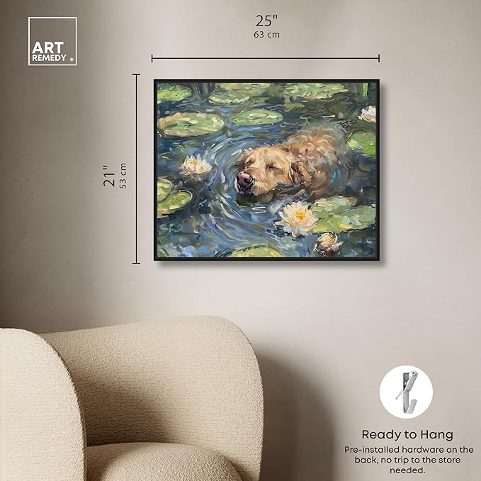 Art Remedy Monet Water Lilies Dog Rustic Chic Farmhouse Canvas Wall Art, Black Floater Frame, 24"x20"