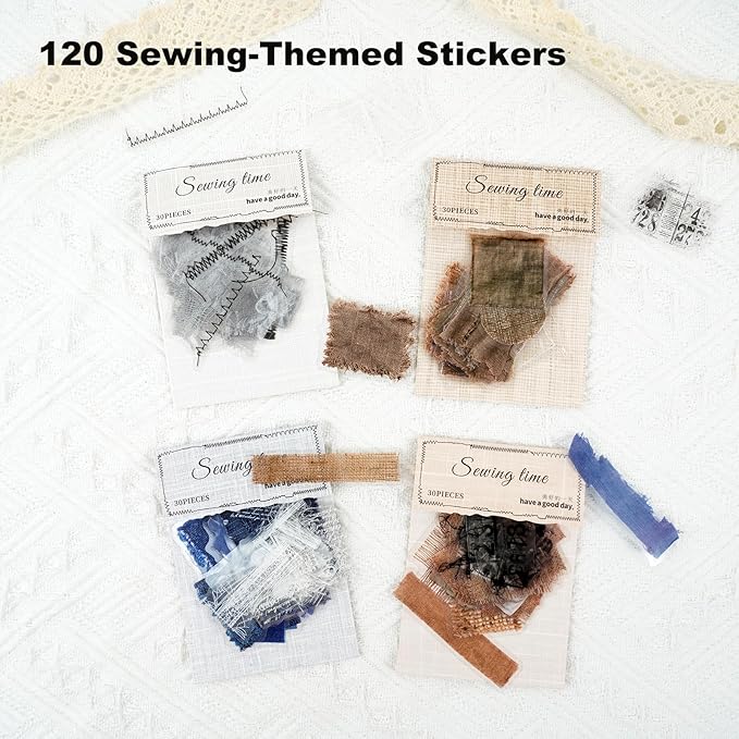 Sewing Time Fabric Patch PET Stickers Set, 120PCS Retro Cloth & Denim Pieces - Waterproof Self-Adhesive Scrapbook Junk Journal Collage Embellishments