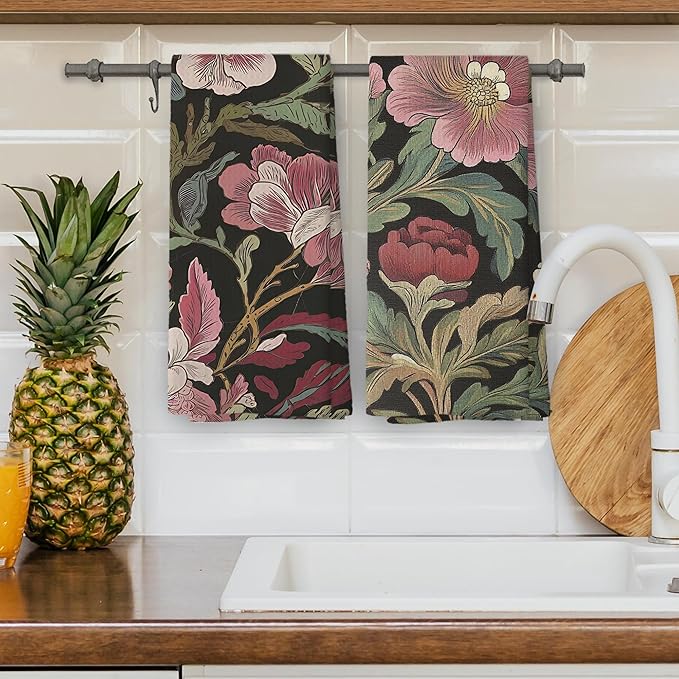 Vintage Boho Floral Kitchen Dish Towels Set of 2, Retro Wildflower Mid Century Botanical Cottagecore Dark Academia Hand Towels Kitchen Bathroom Farmhouse Tea Towels Decorations, 16x24inch