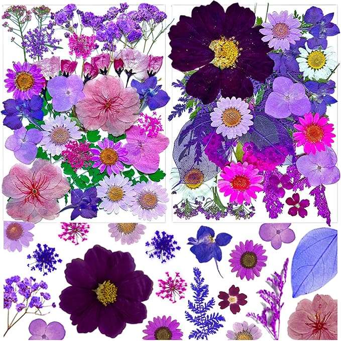 54Pcs Purple Pressed Dried Flowers for Resin, Real Natural Bulk Assorted Dry Floral Leaves for DIY Art Crafts, Epoxy Molds, Jewelry, Soap, Candle Making, Nails Decors