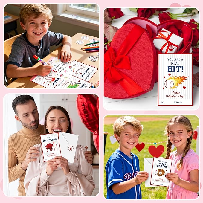 TICIAGA 144pcs Valentine’s Day Baseball Greeting Cards with Envelop and Stickers for Kids, 4 x 6 IN Sporty Design Baseball Exchange Gift Cards for Boys Girls Classroom Supplies, Valentines Party Favors
