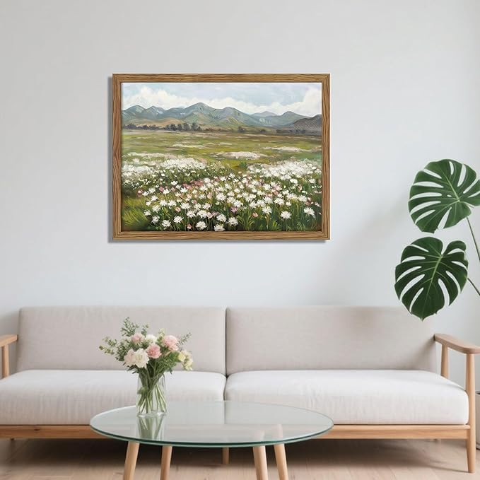 Framed Farmhouse Landscape Wall Art, Modern Country Flower Wall Decor, Vintage Wildflowers Mountain Canvas, Farm House Nature Pictures Print Artwork for Bedroom Living Room – 12x16 inch