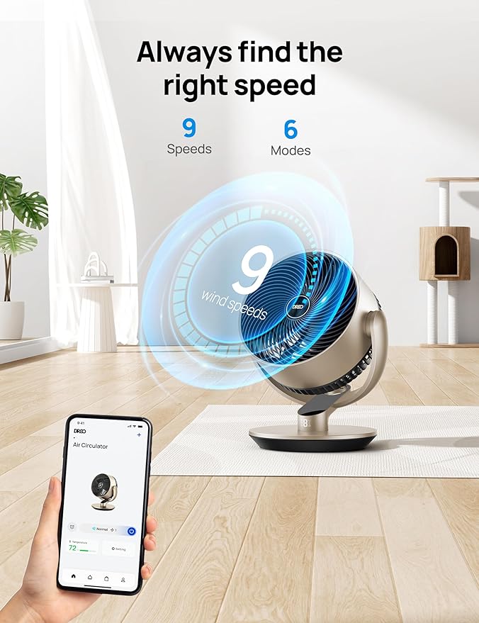 Dreo 16''Height 25dB Quiet Smart Fans for Bedroom, DC Room Fan with Remote, 120°+120° Omni-Directional Oscillating Fan, 6 Modes, 9 Speeds, 12H Timer, Alexa/Google/WiFi/Voice Control, Gold