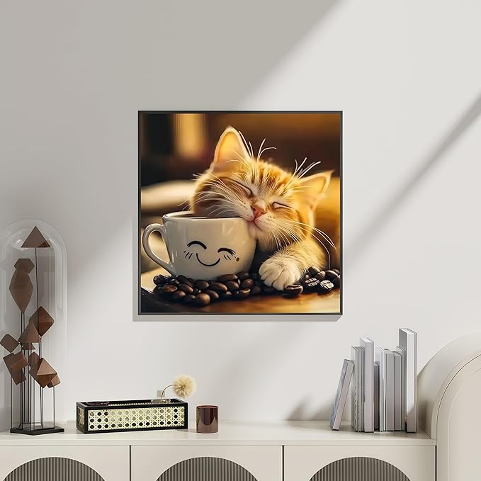 Cat and Cup Diamond Art Kits for Adults, 5D Diamond Painting for Adult Beginners, DIY Full Drill Round Gem Painting Dot Art for Adults，Home Wall Decor 13.78x13.78 Inch