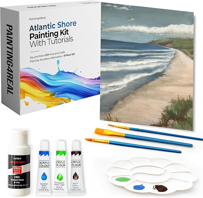 Painting4Real DIY Art Painting Kit for Adults – Learn to Paint Atlantic Coast with Video Tutorials - Step-by-Step Guided 9 Pieces Acrylic Paint Set for Adults - Unique Gift for Art Lovers & Beginners
