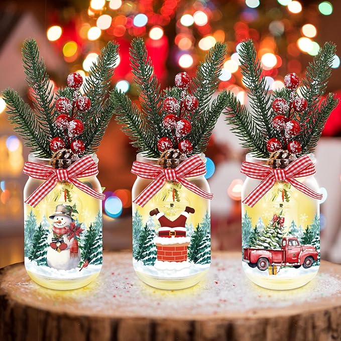 3 Pack Christmas Decorations Mason Jar with Lights for Christmas Table Centerpiece, Lighted Glass Bottles with Artificial Pine Picks Christmas Centerpieces Decor